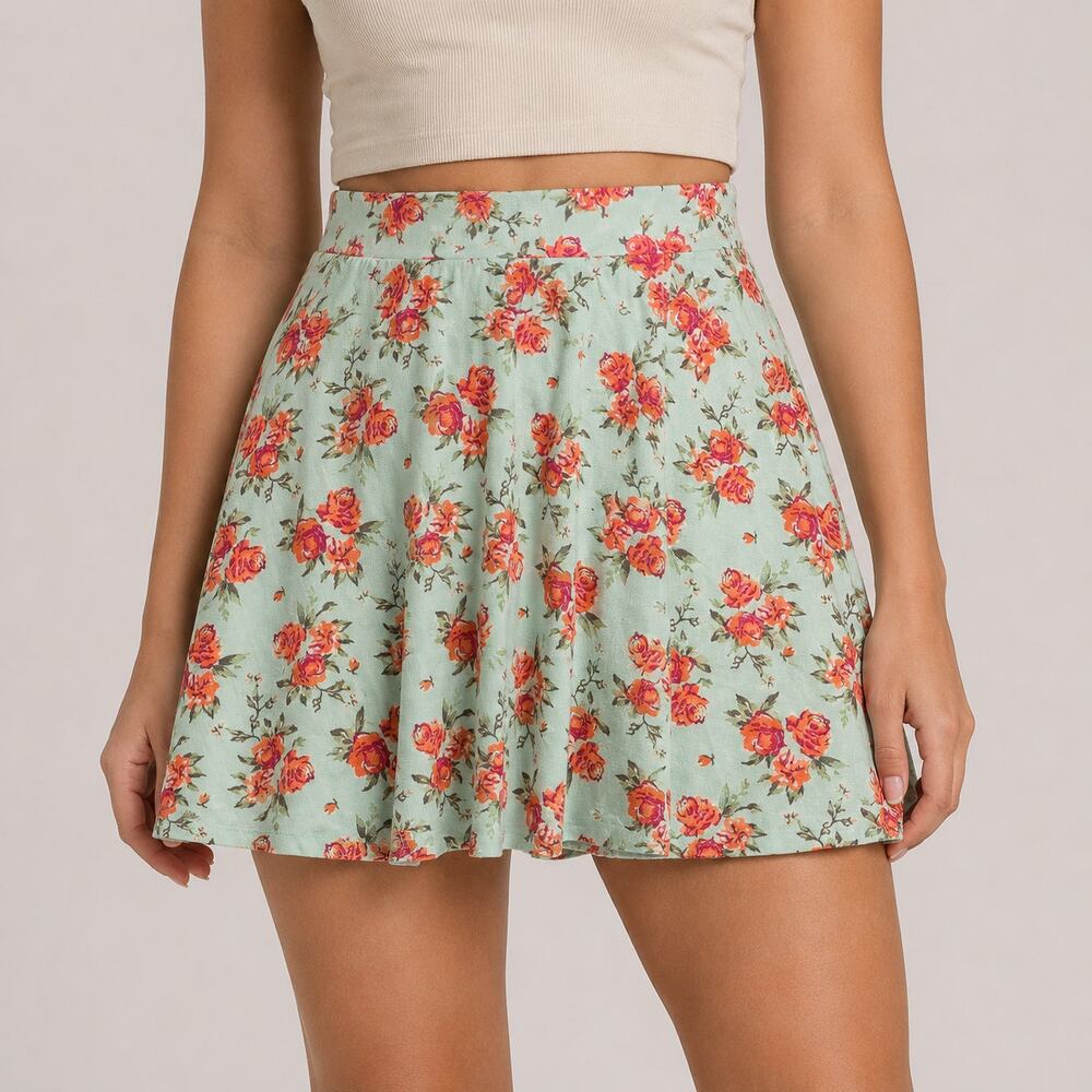 Charlotte Russe Floral Skater Mini Skirt Medium Mint Rose A-Line Stretch